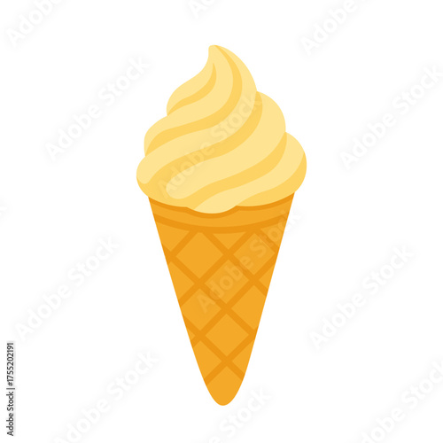 Flat vector illustration of a vanilla ice cream cone with waffle texture, cute minimal design, white background.