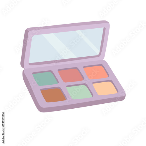 Flat vector illustration of an eyeshadow palette with mirror, colorful makeup design, white background.