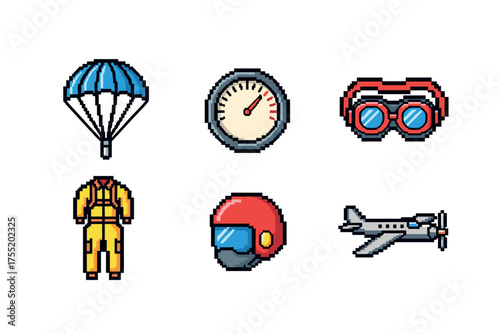Skydiving icons set with parachute, goggles, altimeter, jumpsuit, helmet, airplane. Vector illustration