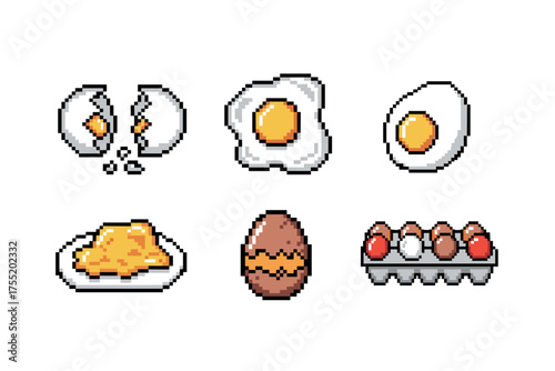 Pixel art breakfast: eggs fried, boiled, and carton in retro style. Vector illustration