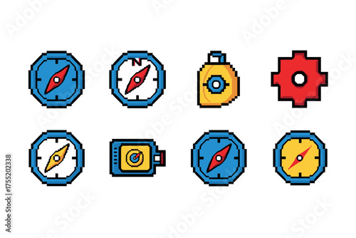 Colorful pixel art compasses and settings icons collection in blue, yellow, and red. Vector illustration
