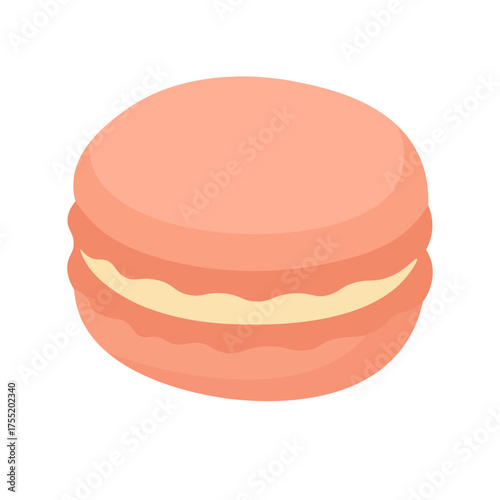 Flat vector illustration of a pink macaron cookie with cream filling, cute sweet dessert, white background.