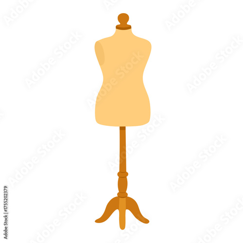 Flat vector illustration of a fashion mannequin on a wooden stand, sewing studio element, white background.