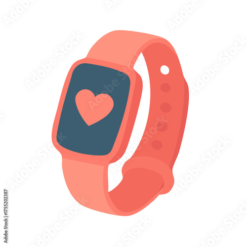 Flat vector illustration of a pink smartwatch with heart icon, modern cute design, white background.