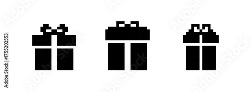 Pixelated Black Gift Boxes with Ribbon, Minimalist Style on White Background
