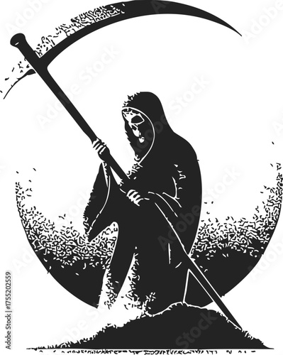 Grim Reaper sketch hand drawn style with scythe and hooded cloak — stock vector
