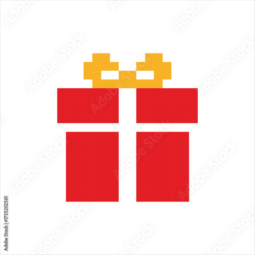 Minimalist Pixel Art of a Red Gift Box with Gold Ribbon on White Background