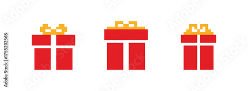 Three Red Wrapped Presents with Gold Bows in Pixelated Style