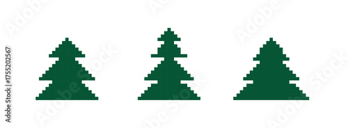 Three evergreen trees composed of pixels on a plain white background