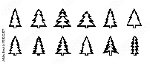 Pixelated Christmas Trees in a Row with Varied Shapes on White Background