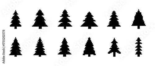Rows of evergreen trees crafted from geometric pixels against a plain background
