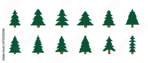 Pixelated Evergreen Forest Trees in Green and Brown on White Background