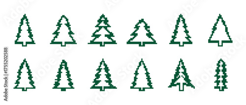 Collection of Pixelated Evergreen Tree Silhouettes in a Row on a White Background