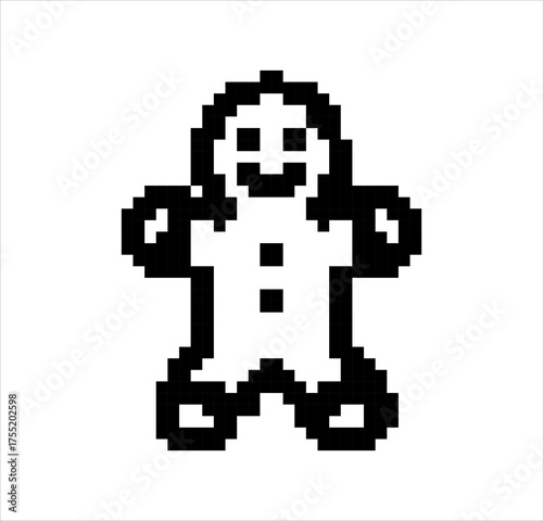 Gingerbread Man Festive Cookie in Black and White Pixel Art Style