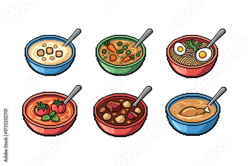 Pixel art soup bowls featuring diverse delicious dishes with spoons. Vector illustration