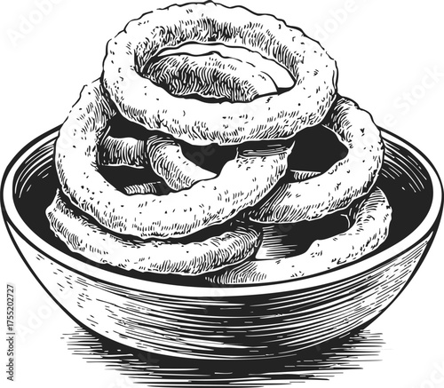 Onion rings sketch hand drawn in bowl, detailed vintage black and white style — stock vector