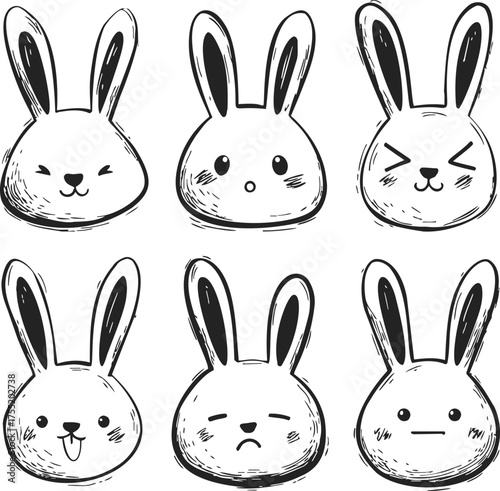 Bunny faces hand drawn sketch set with expressive emotions — stock vector