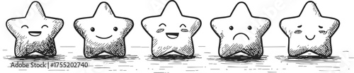 Stars sketch hand drawn with various facial expressions in a row — stock vector