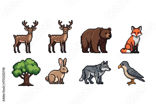 Pixel art animals and nature: deer, bear, fox, tree, rabbit, wolf, bird. Vector illustration