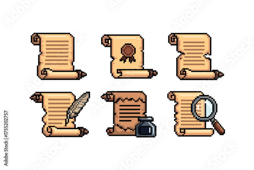 Set of six pixel art scrolls with quill, seal, ink, and magnifying glass elements. Vector illustration