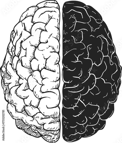 Brain sketch hand drawn, left and right hemispheres, black and white contrast — stock vector