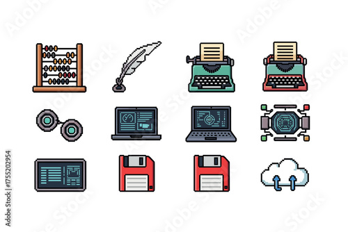 Retro technology icons set featuring typewriters, floppy disks, and more. Vector illustration