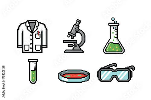 Laboratory equipment icons set: lab coat, microscope, glassware, safety goggles. Vector illustration