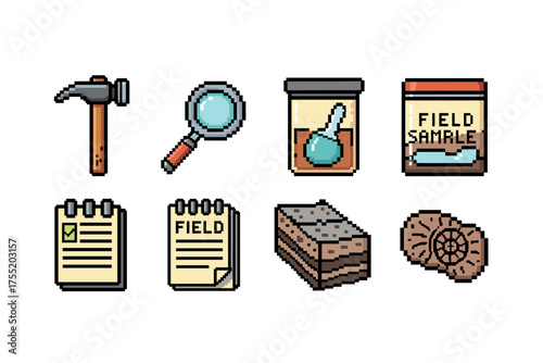 Pixel art tools for archaeology and geology with hammer, magnifying glass, and fossil samples. Vector illustration