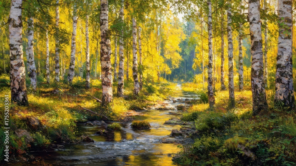 Obraz premium Sunlight filters through tall birch trees casting a warm glow over a quiet creek in the forest.