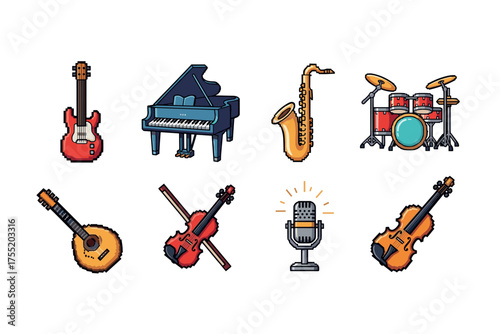 Pixel art musical instruments set featuring guitar, piano, saxophone, drums, and microphone. Vector illustration