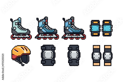 Pixel art inline skates and safety gear set with helmet, rollerblades, knee pads, wrist guards. Vector illustration
