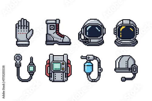 Pixel art space gear icons: helmet, suit, boot, glove, communication devices. Vector illustration