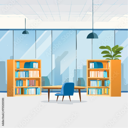 Pixelated Office Room with Blue Chair and Bookshelves Against a Window Overlooking City Scape Under Fluorescent Lighting