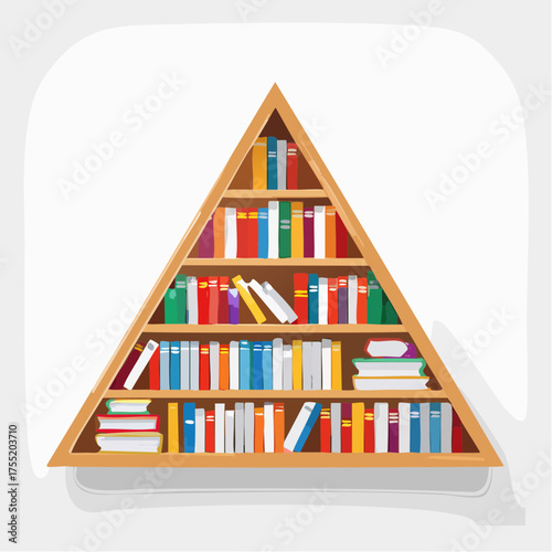 Triangular Bookshelf Filled with Colorful Books and White Background with Soft Shadows