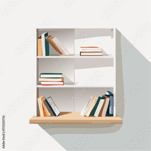 White Bookshelf with Colorful Books on White Background Illustration