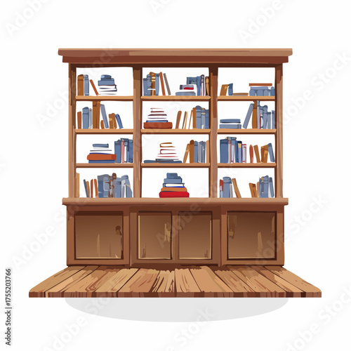 Wooden Bookcase Displaying Assorted Books in Studio Setting with Neutral White Background Bookshelf filled with blue and brown books stacked and organized against a wooden wall