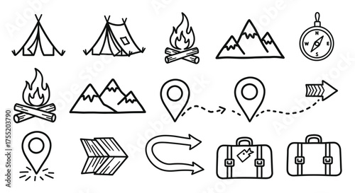 Camping Adventure, Outdoor Activities, Mountain Landscape, Icon Set, Nature, Illustrative Style, Journey Exploration