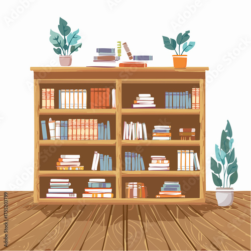 Wooden Bookshelf Filled with Books and Plants on Wooden Floor Pixel Art