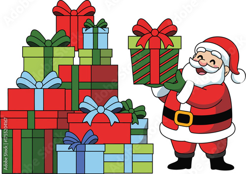 Festive holiday illustration, Santa Claus with colorful Christmas gift boxes, hand-drawn vector graphics, winter holiday scene, Xmas decoration elements, seasonal festive clipart set.