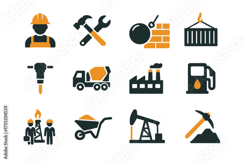 Industrial Construction Tools Equipment Icons Set Isolated on Transparent Background for Project