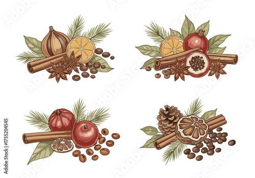 Festive Winter Spice Arrangement Elements With Dried Fruit Pine Cones Isolated On Transparent Background