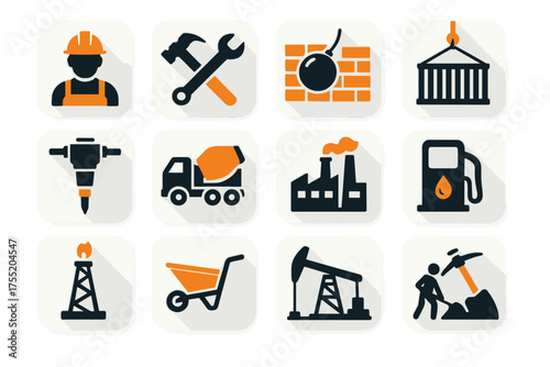 Industrial Industry Construction Tools and Equipment Icons Isolated on Transparent Background Set