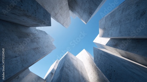 Looking up at the bright blue sky framed by tall geometric concrete forms in an urban setting.
