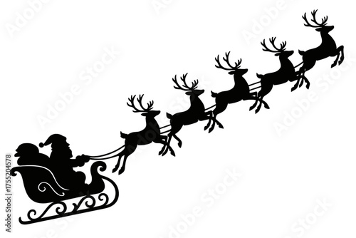 Magical Santa Claus flying with reindeer sleigh isolated on transparent background joyful Christmas Eve journey