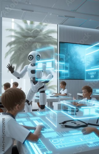 Futuristic Classroom with Children Learning Alongside Robots. Video.