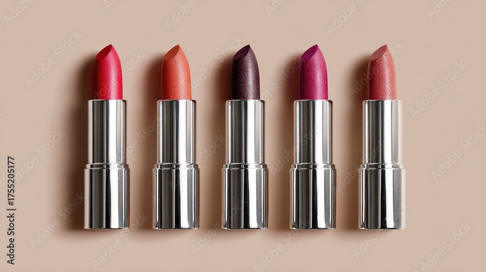 Fototapeta premium Vibrant Lipsticks Displayed in a Line with Various Shades on a Neutral Background for Beauty and Cosmetic Themes
