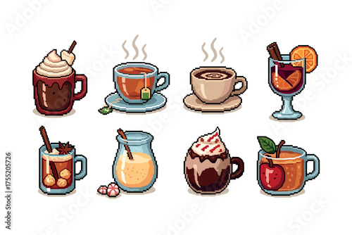 Pixel art hot beverages collection with teacups, mugs, and various hot drinks