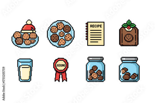 Pixel art cookies and milk with recipe, awards, and jars