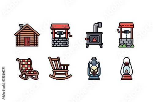 Rustic cabin elements: log house, well, wood stove, blanket, rocking chair, lantern