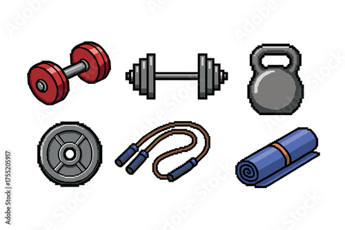Pixel art fitness equipment: dumbbells, kettlebell, and exercise gear icons